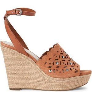 MARC FISHER Brown Leather Cutout Studded Wedge Sandals